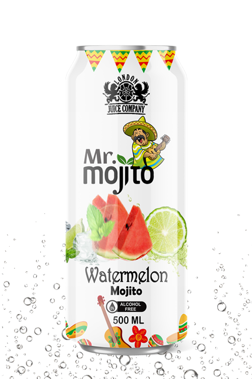 Juicy watermelon mojito drink with crisp fruity refreshment in a premium alcohol-free 500ml can by London Juice Company.