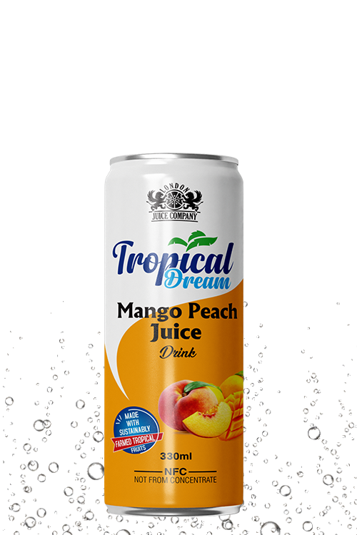 Tropical Dream Mango Peach Juice Drink 330ml can with mango and peach fruit label.