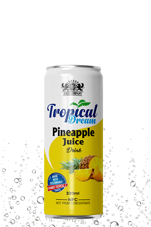 Tropical Dream Pineapple Juice Drink 330ml can with pineapple fruit label.