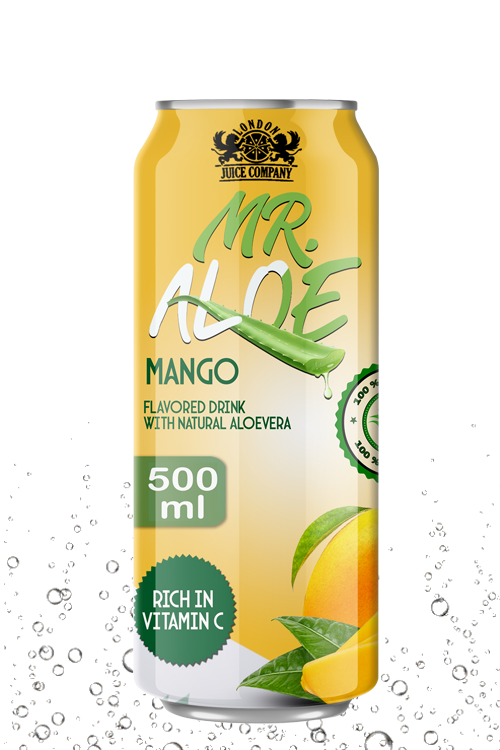 Mango aloe drink in 500ml aluminum can with golden yellow design