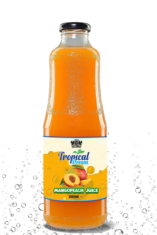 Tropical Dream Mango Peach Juice Drink by London Juice Company in a tall clear glass bottle with a black cap.