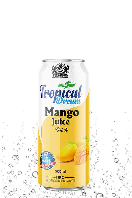 Tropical Dream Mango Juice Drink 500ml can with mango fruit label.