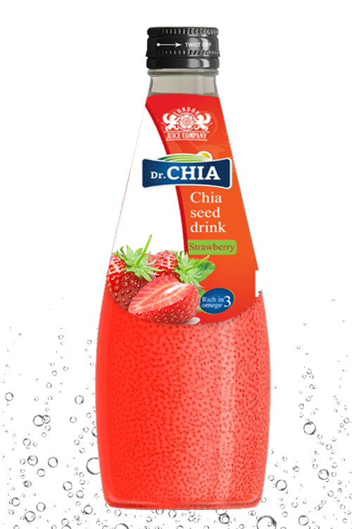 Dr. CHIA Strawberry chia seed drink in a 290ml glass bottle with chia seeds.