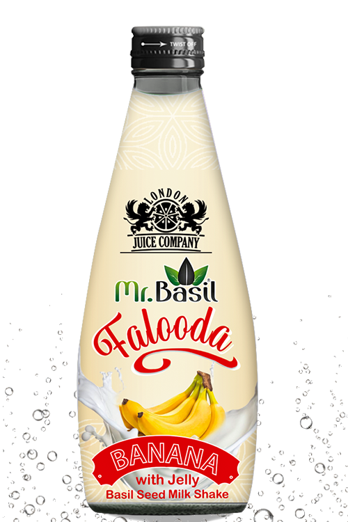 Mr. Basil Banana Falooda with Jelly – a creamy basil seed milk shake drink blended with banana flavor by London Juice Company.