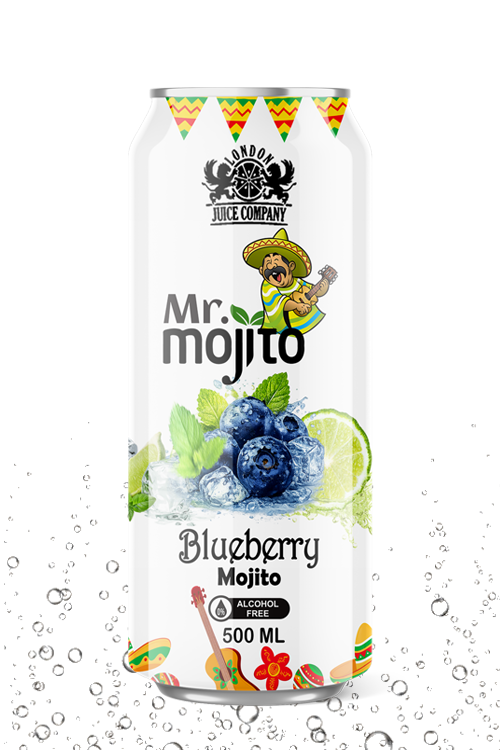 Refreshing blueberry mojito drink with cool mint and lime flavor in a premium alcohol-free 500ml can by London Juice Company.
