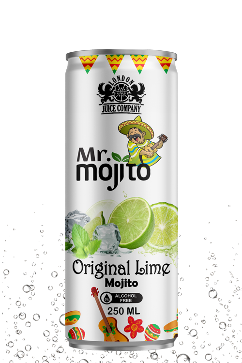 Classic lime mojito beverage with minty freshness in a premium alcohol-free 250ml can by London Juice Company