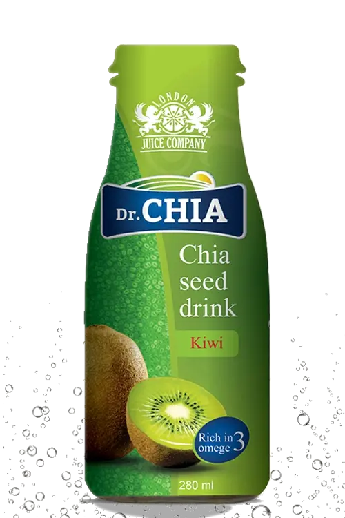 A bottle of &quot;Dr. CHIA&quot; Chia Seed Drink flavored with kiwi, showing a green label with an image of a sliced kiwi, marked as rich in Omega 3.