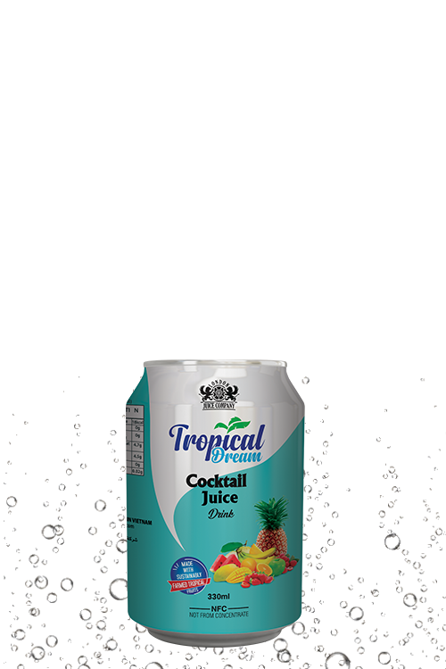 Tropical Dream Cocktail Juice Drink 330ml can with mixed tropical fruit label and side-view packaging.