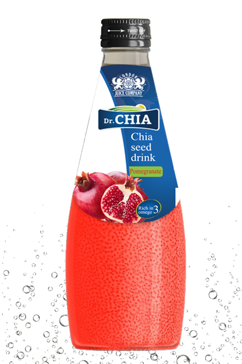 Dr. CHIA Pomegranate chia seed drink in a 290ml glass bottle with chia seeds.