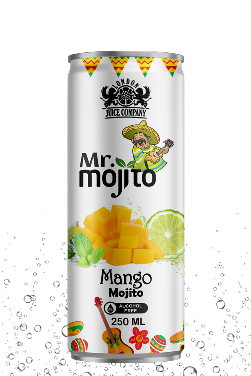 Tropical mango mojito drink with a refreshing alcohol-free taste in a premium 250ml can by London Juice Company