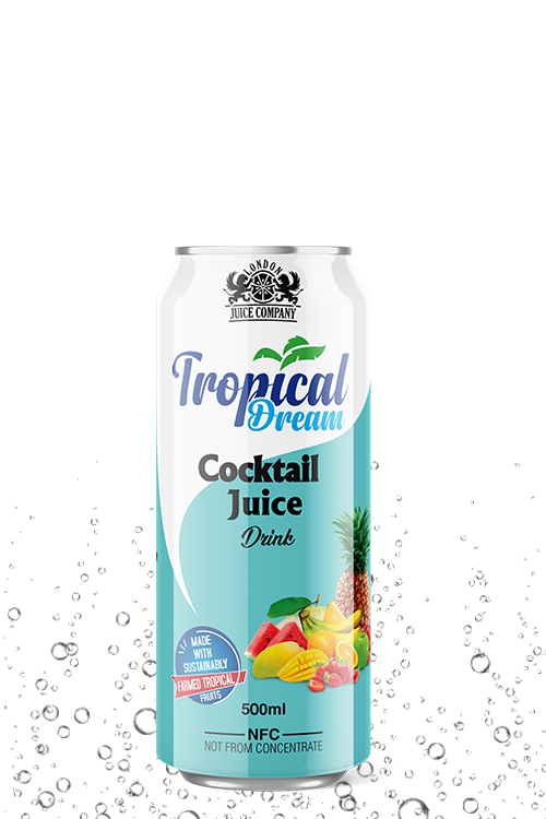 Tropical Dream Cocktail Juice Drink 500ml can with mixed tropical fruit label.