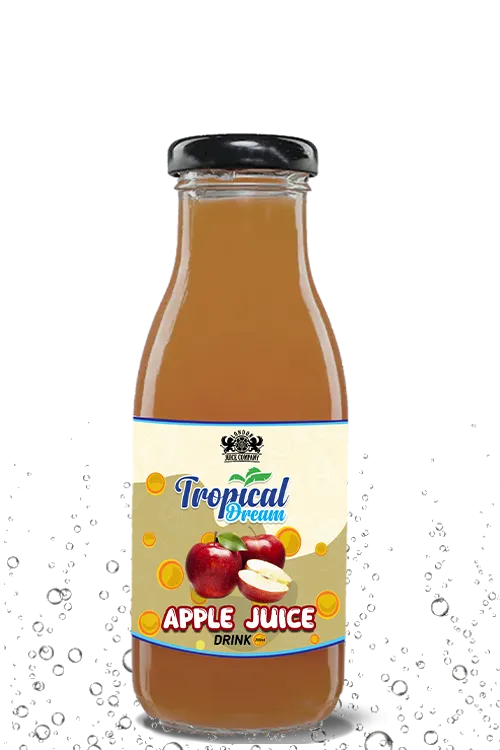Tropical Dream Apple Juice Drink by London Juice Company in a clear glass bottle with a black cap.