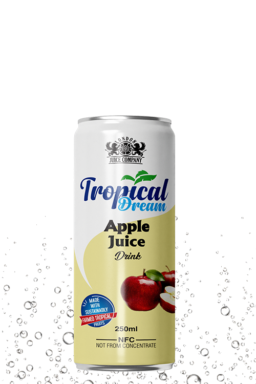Tropical Dream Apple Juice Drink 250ml can with red apple fruit label.