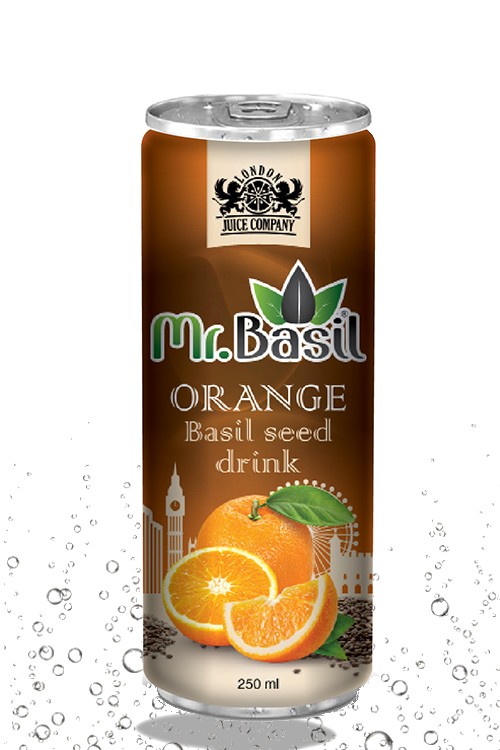 Orange basil seed drink in 250ml can with brown design