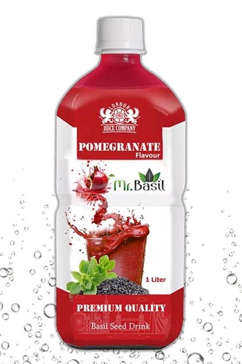 A bottle of pomegranate-flavored Mr. Basil basil seed drink, featuring pomegranates and a splash, against a background of splashing water.
