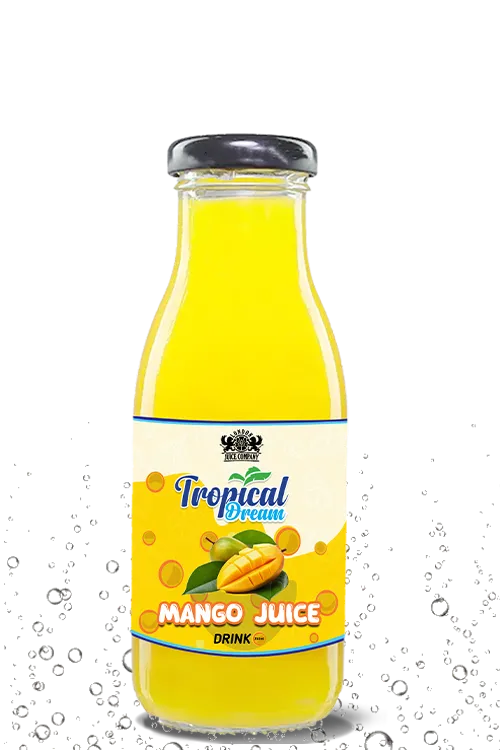 Tropical Dream Mango Juice Drink by London Juice Company in a clear glass bottle with a black cap.