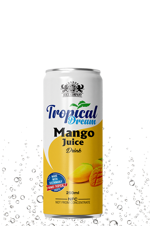 Tropical Dream Mango Juice Drink 250ml can with mango fruit label and NFC not from concentrate text.