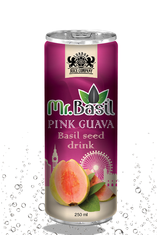 Pink guava basil seed drink in 250ml can with magenta design