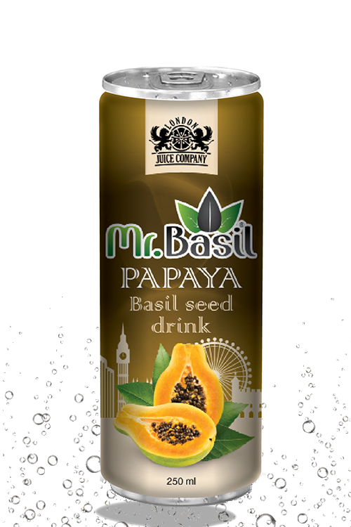 Papaya basil seed drink in 250ml can with olive design