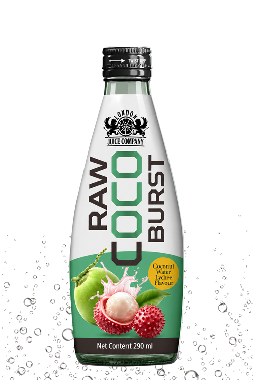 RAW Coco Burst Lychee Coconut Water Drink 290ml Glass Bottle