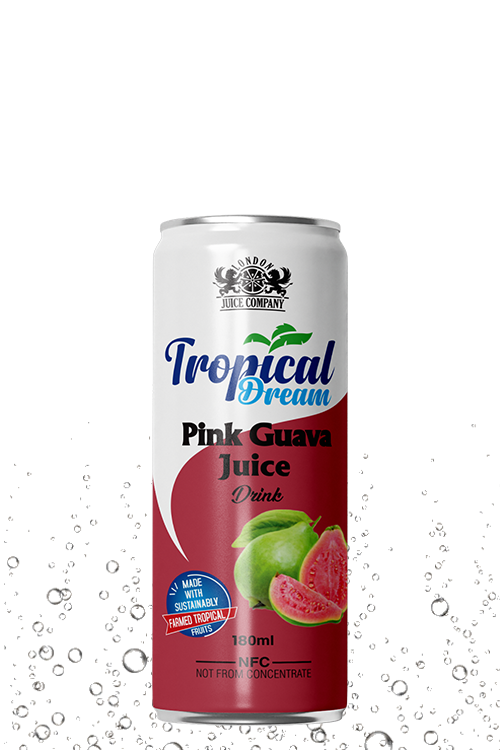 Tropical Dream Pink Guava Juice Drink 180ml can with pink guava fruit label.