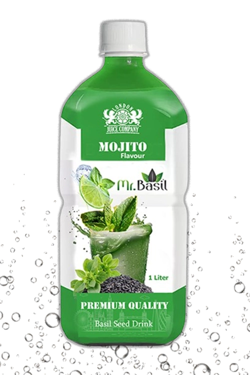 A bottle of Mojito-flavored Mr. Basil basil seed drink, featuring a fresh mint and lime design, against a background of splashing water.