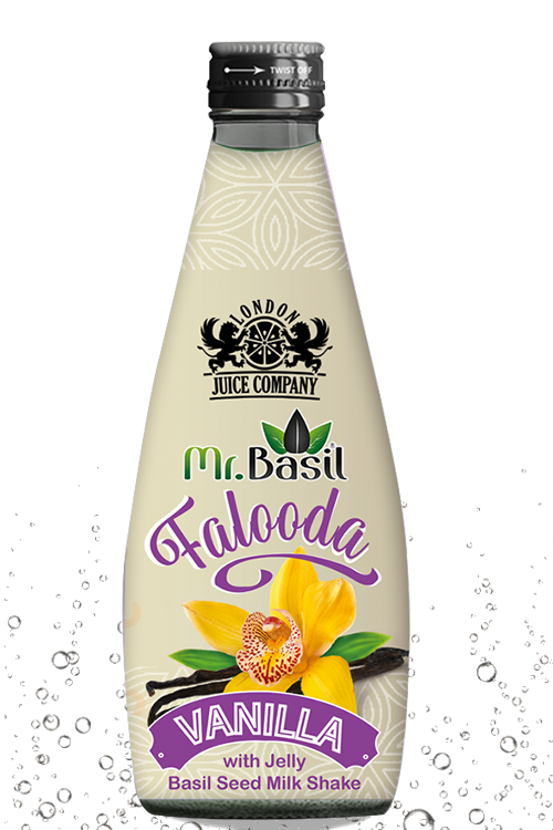 Mr. Basil Vanilla Falooda with Jelly – a classic basil seed milk shake drink with smooth vanilla flavor by London Juice Company.