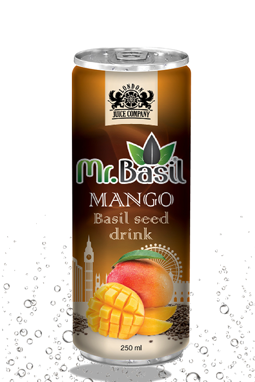 Mango basil seed drink in 250ml can with brown design and mango imagery
