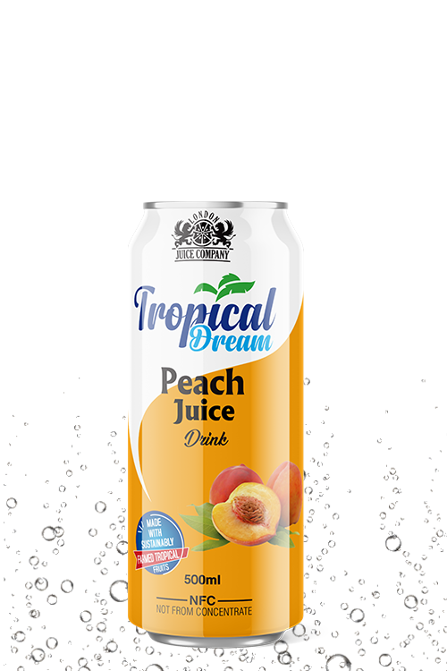 Tropical Dream Peach Juice Drink 500ml can with peach fruit label.