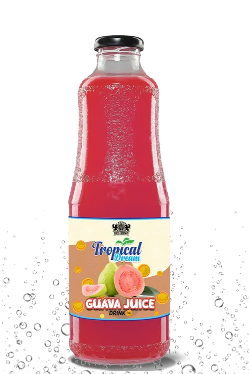 Tropical Dream Guava Juice Drink in a tall glass bottle with a black cap, featuring vibrant pink juice and a guava label by London Juice Company.