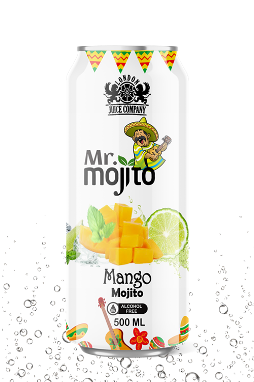 Tropical mango mojito beverage with a smooth refreshing taste in a premium alcohol-free 500ml can by London Juice Company.
