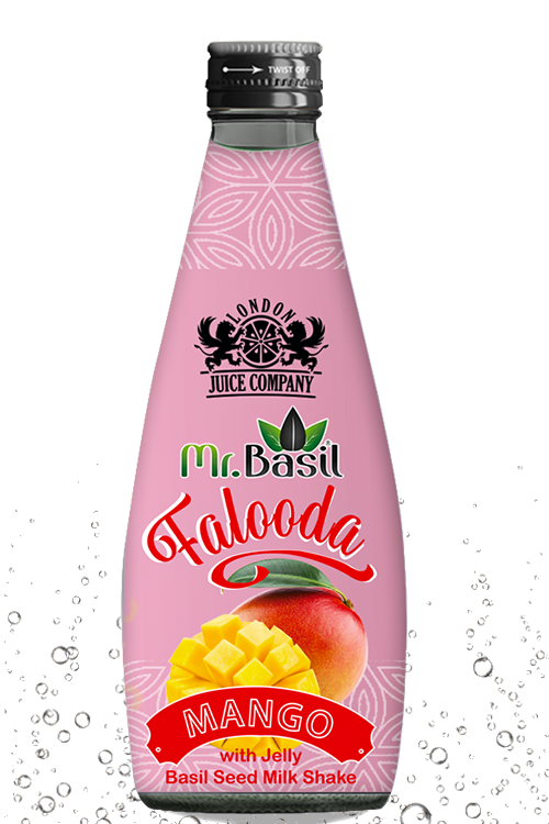 Mr. Basil Mango Falooda with Jelly – a tropical basil seed milk shake drink made with ripe mango flavor by London Juice Company.