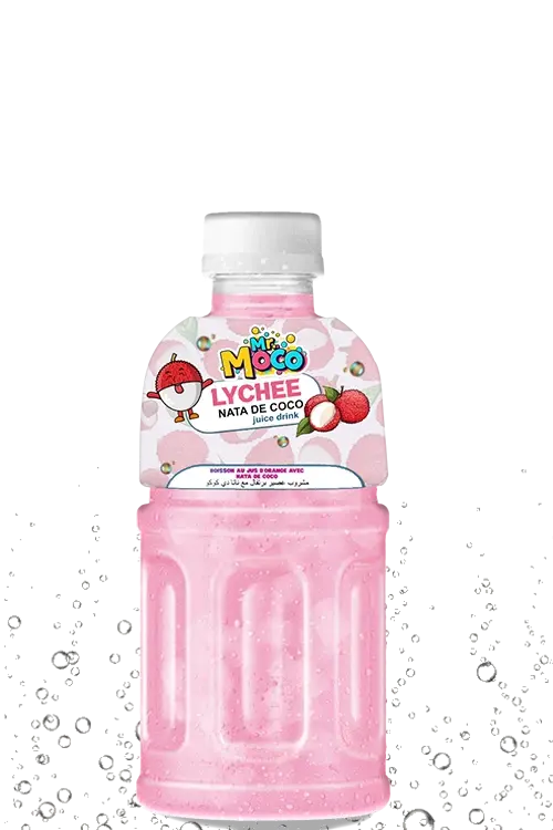 Mr. Moco Lychee juice drink with nata de coco chunks in a fruity 320ml pink bottle.