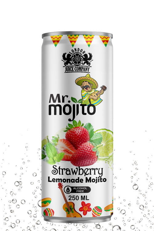 Sweet strawberry lemonade mojito drink with a refreshing citrus twist in a premium alcohol-free 250ml can by London Juice Company
