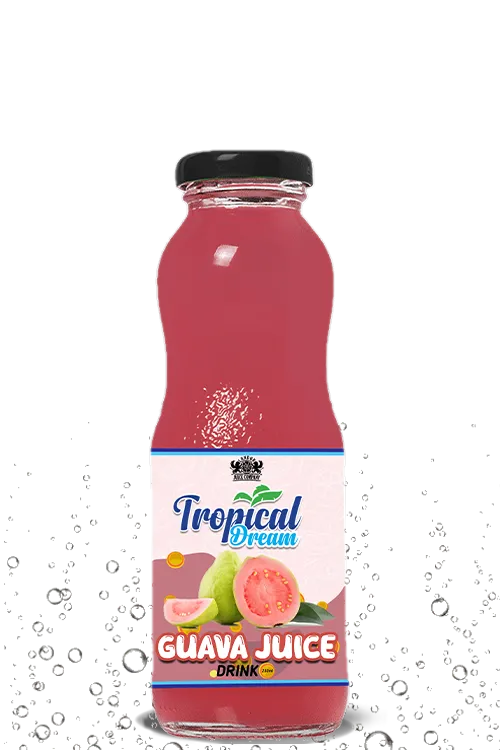 Tropical Dream Guava Juice Drink by London Juice Company in a curvy clear glass bottle with a black cap.