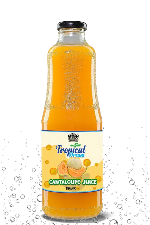 Tropical Dream Cantaloupe Juice in a tall glass bottle with vibrant orange color and cantaloupe label.
