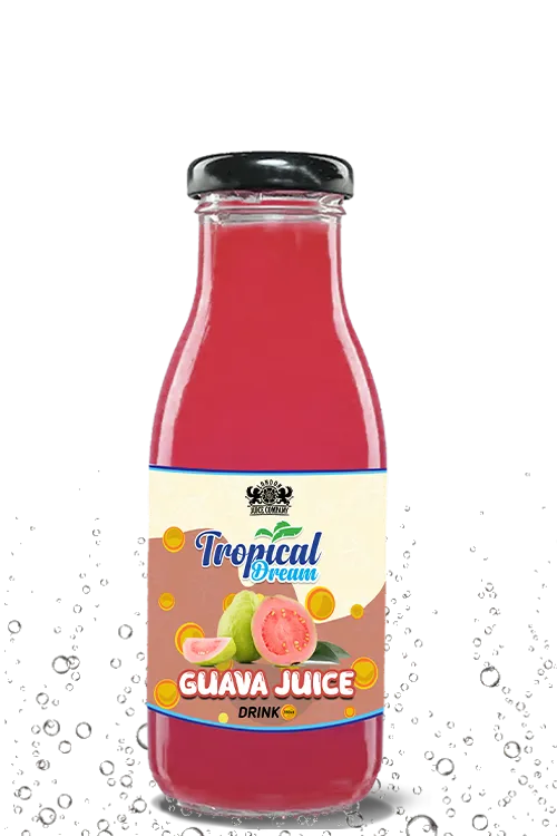 Tropical Dream Guava Juice Drink by London Juice Company in a clear glass bottle with a black cap.