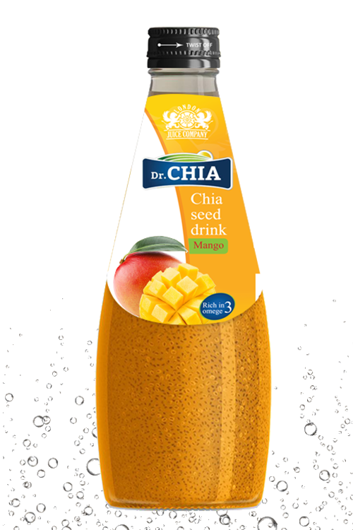 Dr. CHIA Mango chia seed drink in a 290ml glass bottle with chia seeds.