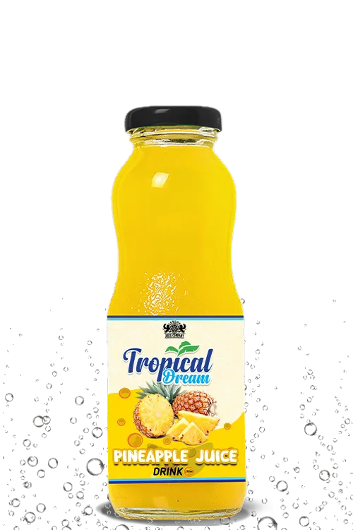 Tropical Dream Pineapple Juice Drink by London Juice Company in a curvy clear glass bottle with a black cap.