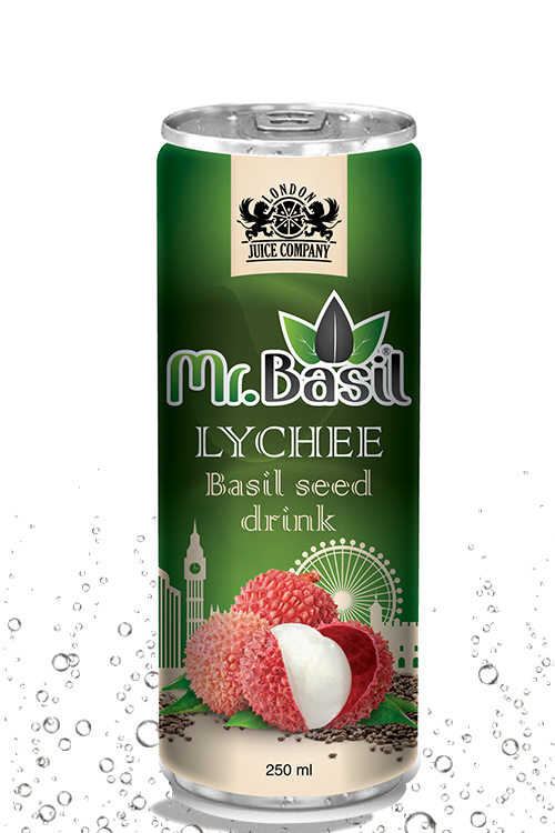 Lychee basil seed drink in 250ml can with green design and lychee imagery