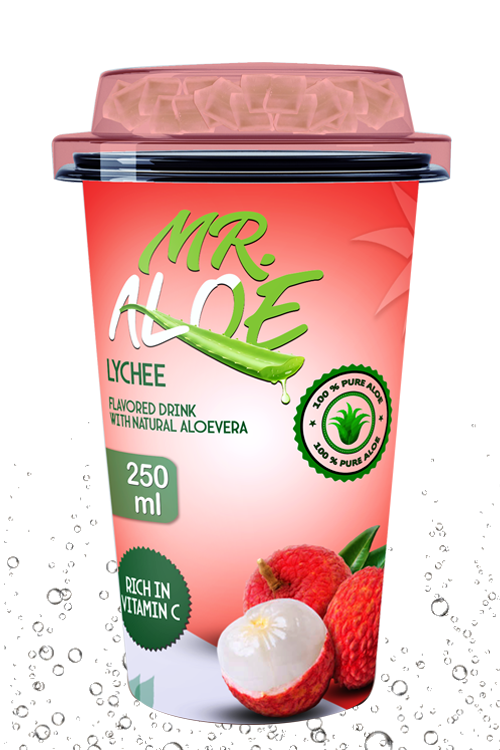 Lychee aloe drink in 250ml cup with pale pink beverage