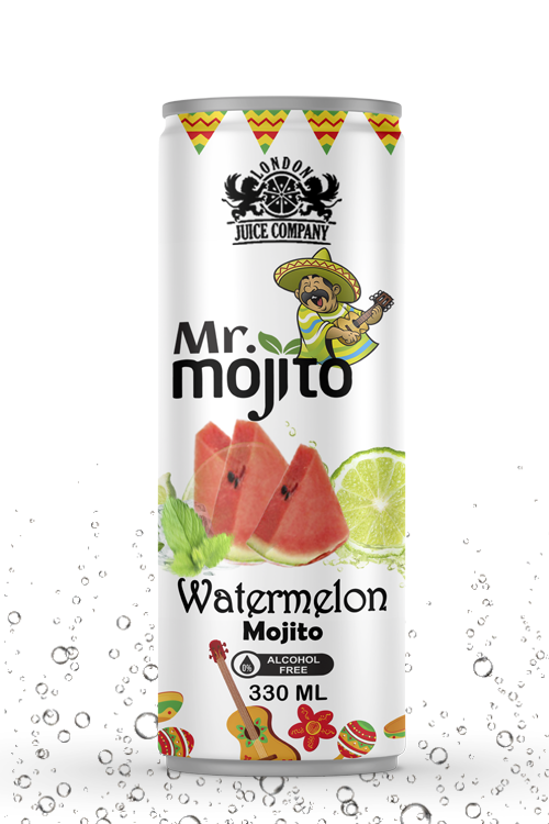 Refreshing watermelon mojito drink with a crisp fruity taste in a premium alcohol-free 330ml can by London Juice Company