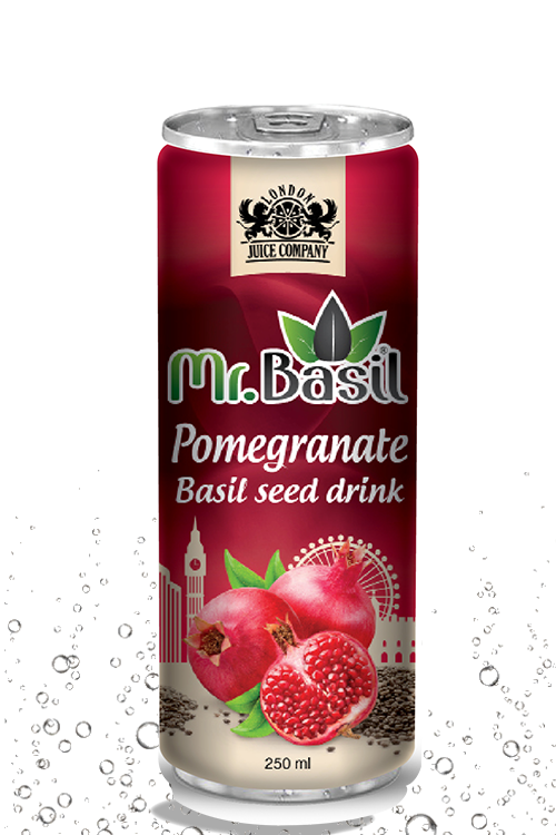 Pomegranate basil seed drink in 250ml can with red design