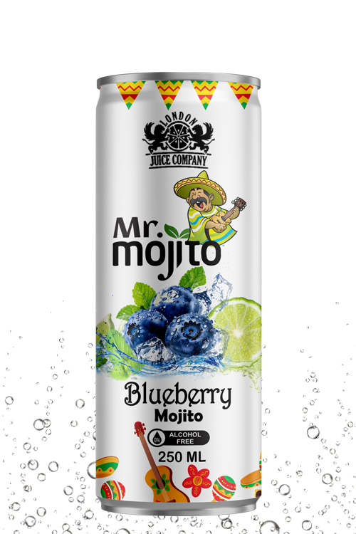 Refreshing blueberry mojito beverage with real fruit flavor in a premium 250ml alcohol-free can by London Juice Company