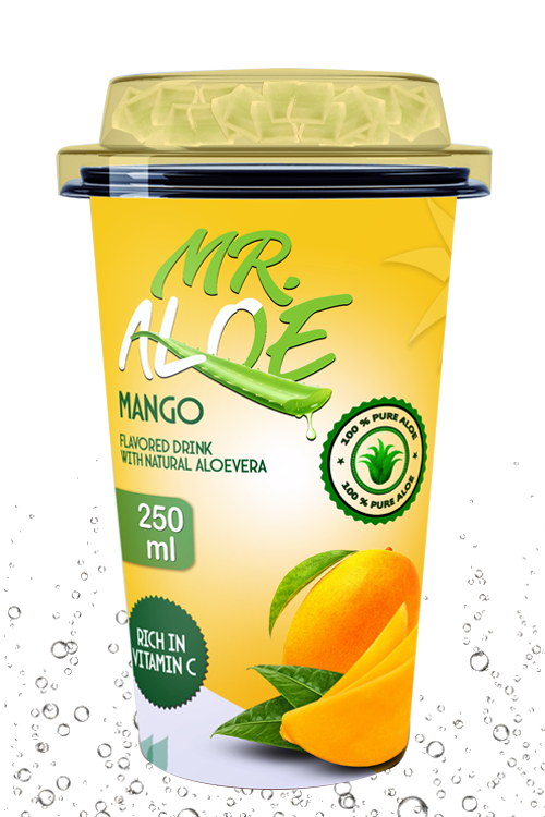 Mango aloe drink in 250ml cup with golden yellow beverage