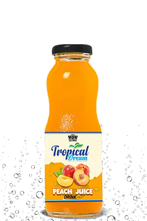 Tropical Dream Peach Juice Drink by London Juice Company in a curvy clear glass bottle with a black cap.