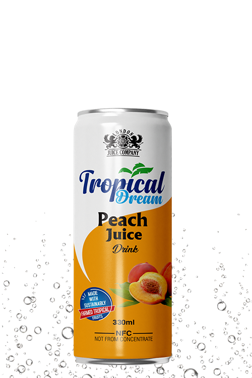 Tropical Dream Peach Juice Drink 330ml can with peach fruit label.