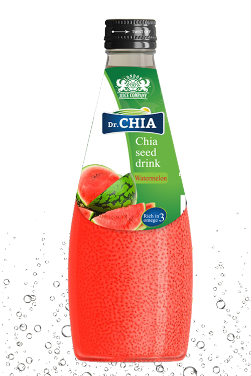 Dr. CHIA Watermelon chia seed drink in a 290ml glass bottle with chia seeds.