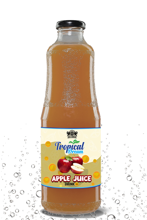 Tropical Dream Apple Juice in a tall clear bottle featuring a rich brown hue and apple-themed label.