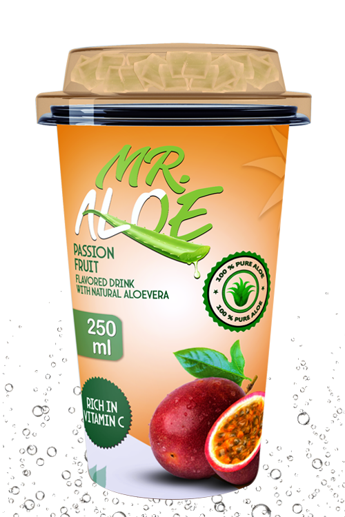 Passion fruit aloe drink in 250ml cup with orange beverage